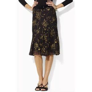 Lauren Ralph Lauren Irina Metallic Matte Gold Black Floral Chiffon Skirt L